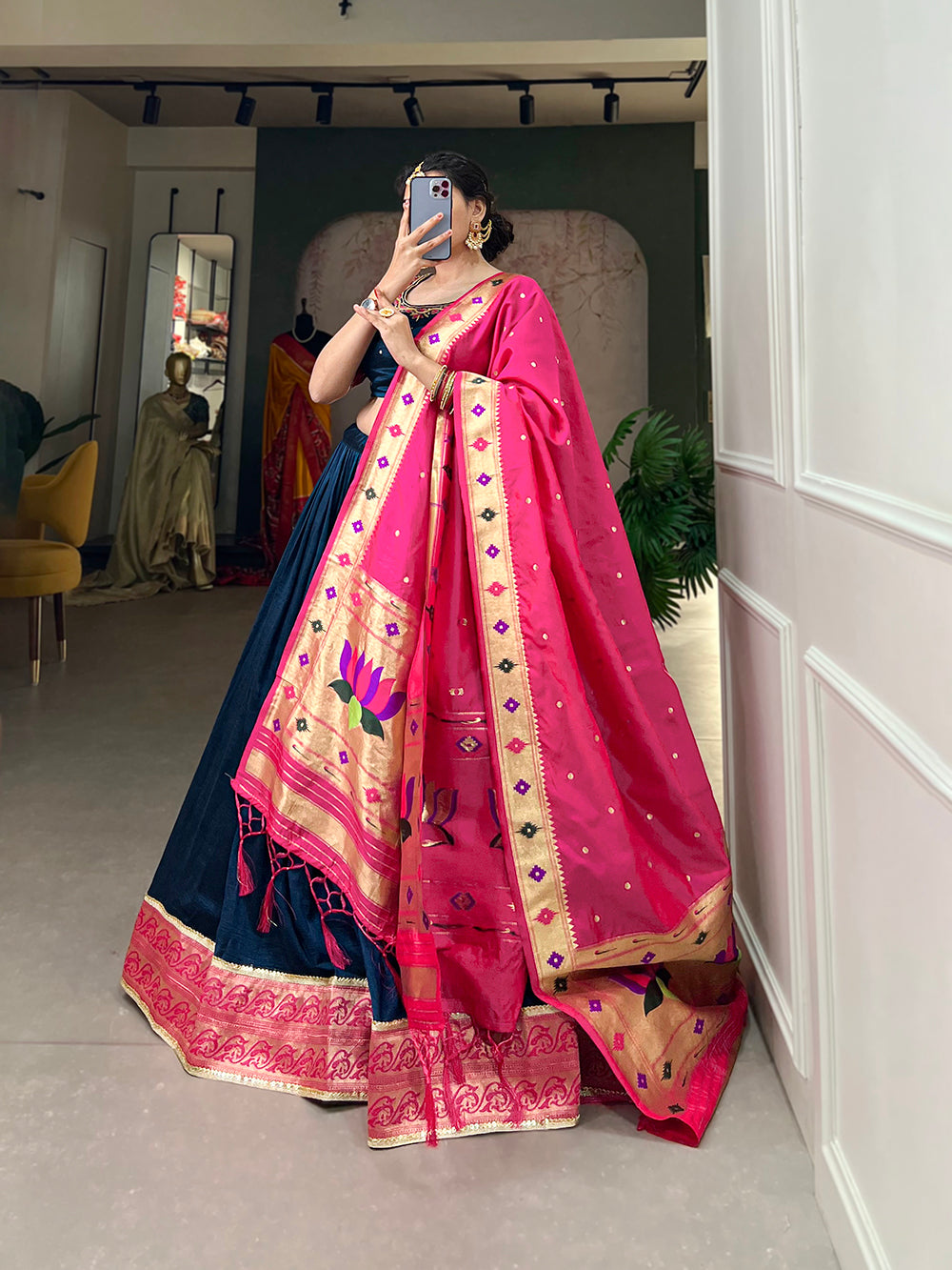 Navy Blue Color Plain With Paithani Lace Border Vichitra Silk South Indian Lehenga Choli