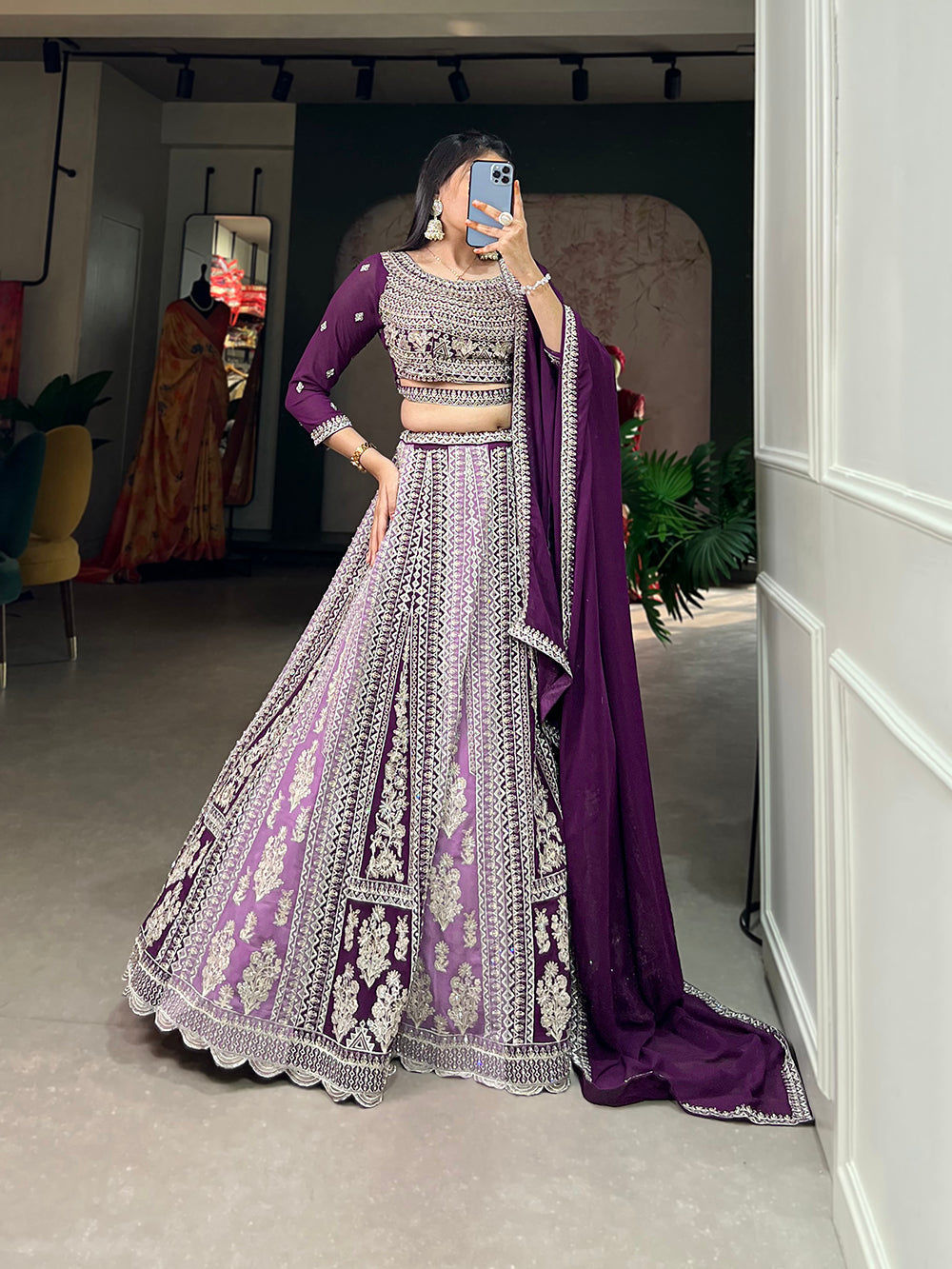 Purple Color Thread Embroidery And Jharkhand Dimound Work Georgette Lehenga Choli