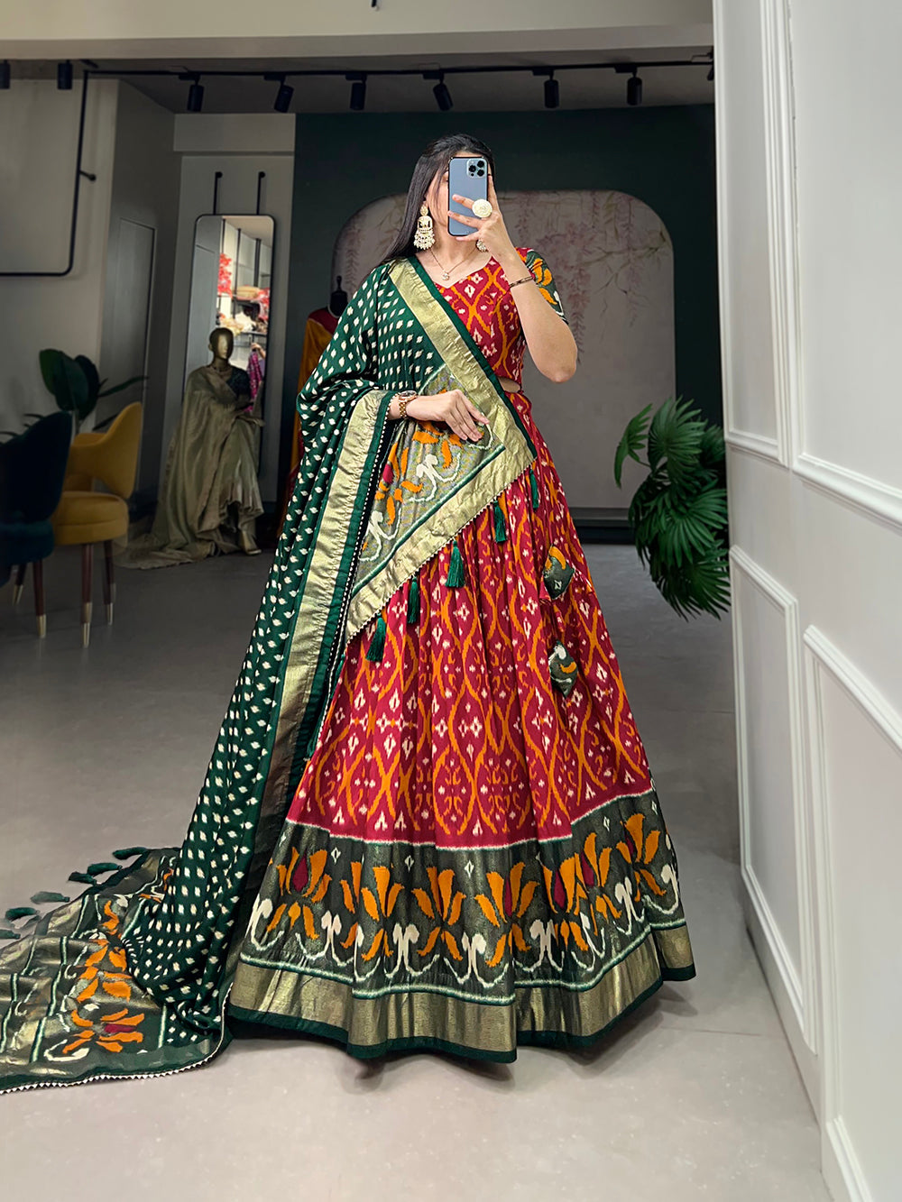 Red Color Printed With Foil Print Tussar Silk Lehenga Choli