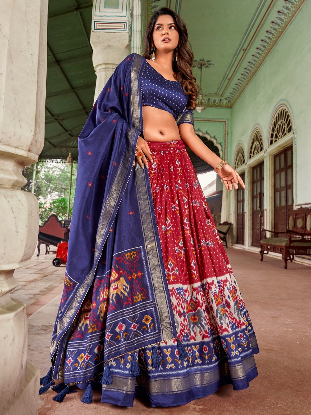 Red Color Patola Print With Foil Work Tussar Silk Lehenga Choli