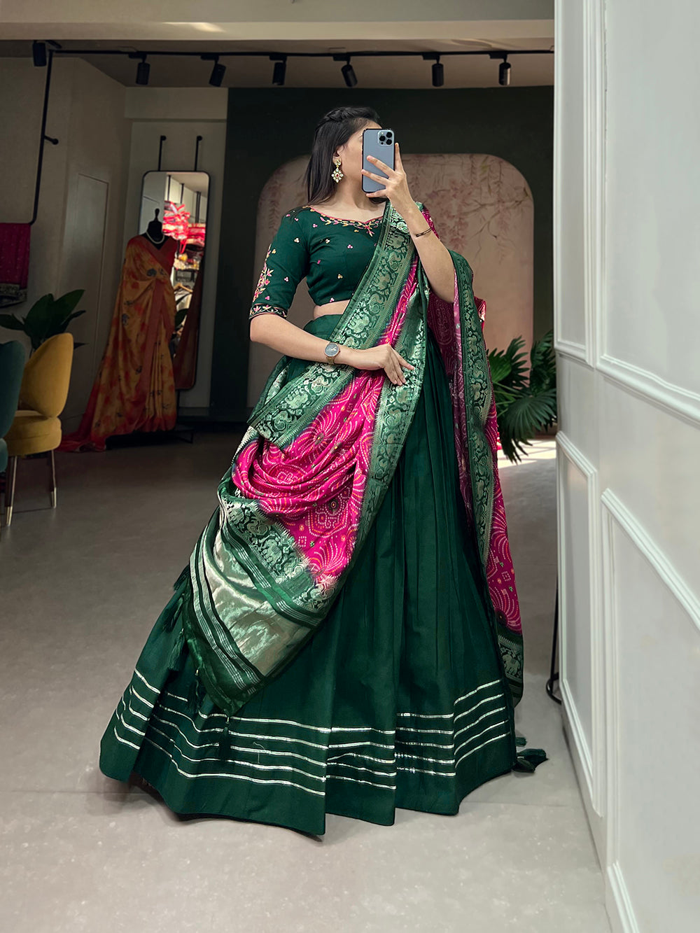 Green Color Plain With Gota Patti Touch Up Cotton Traditional Lehenga Choli