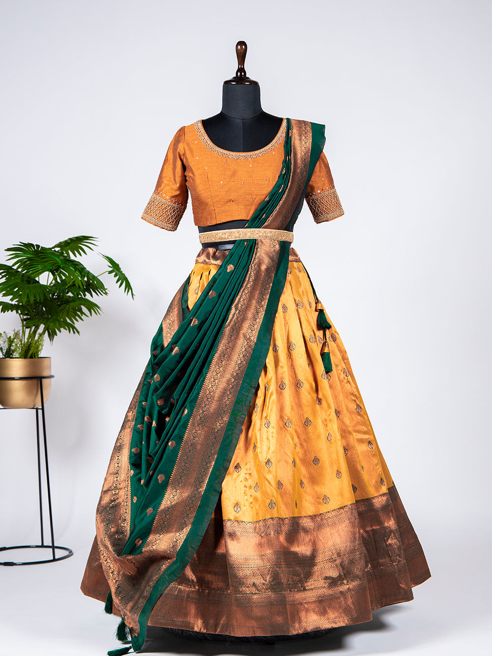 Mustard Color Zari Weaving Work Jacquard Lehenga Choli