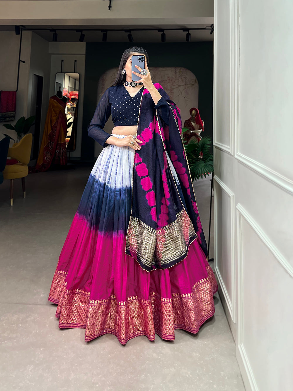 Navy Blue Color Shibori Print With Zari Weaving Work Chanderi Lehenga Choli