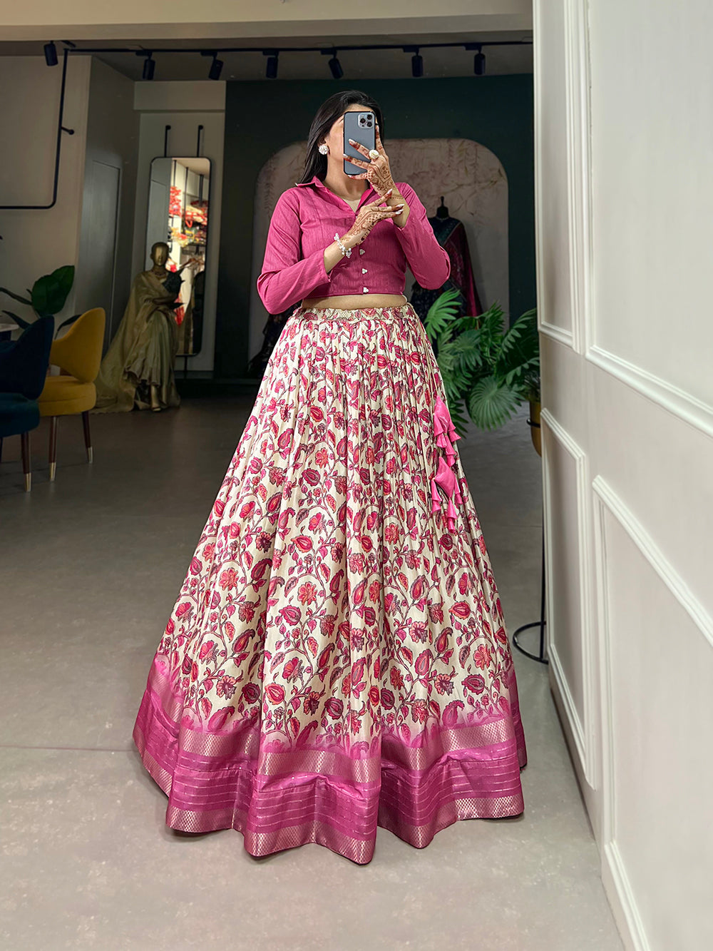 Pink Color Floral Print With Sequins And Zari Border Dola Silk Co-ord Set Lehenga Choli