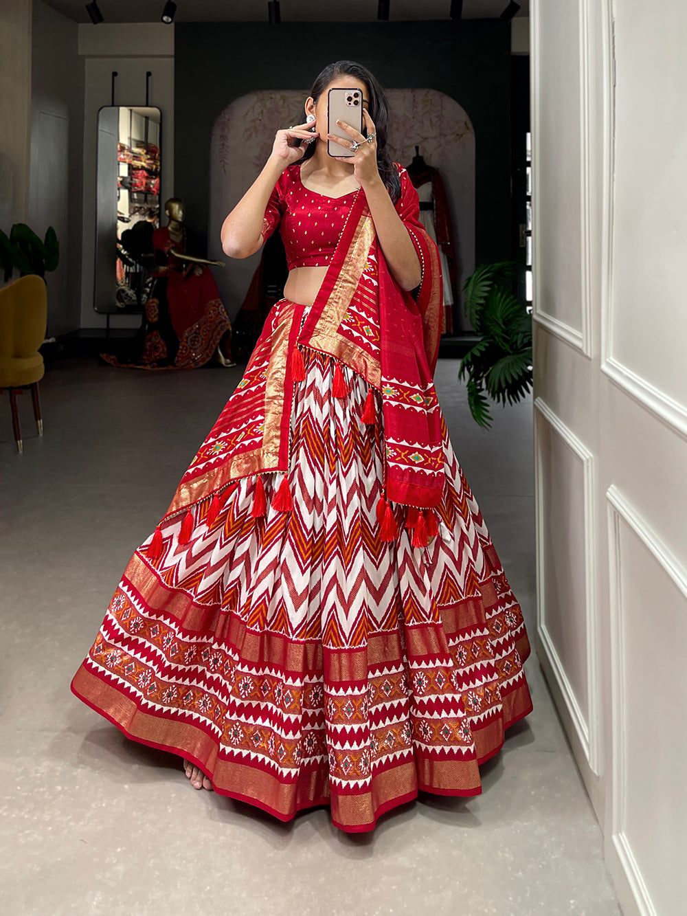 Red Color Leheriya With Foil Work Tussar Silk Lehenga Choli