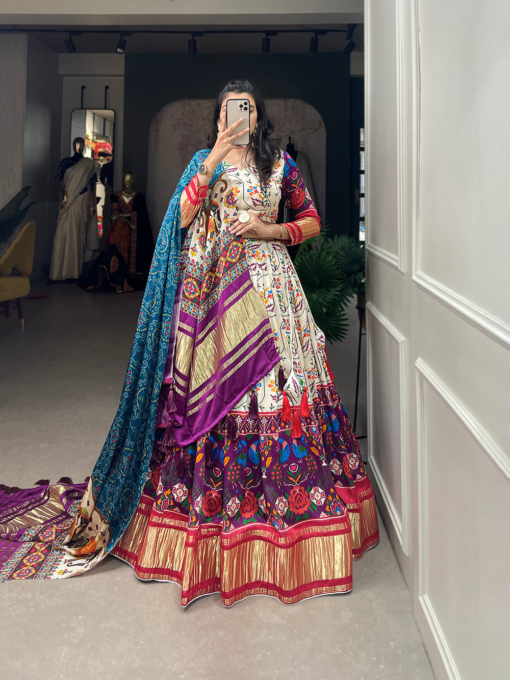 White Color Digital Printed With Lagadi Patta Gaji Silk Lehenga Choli