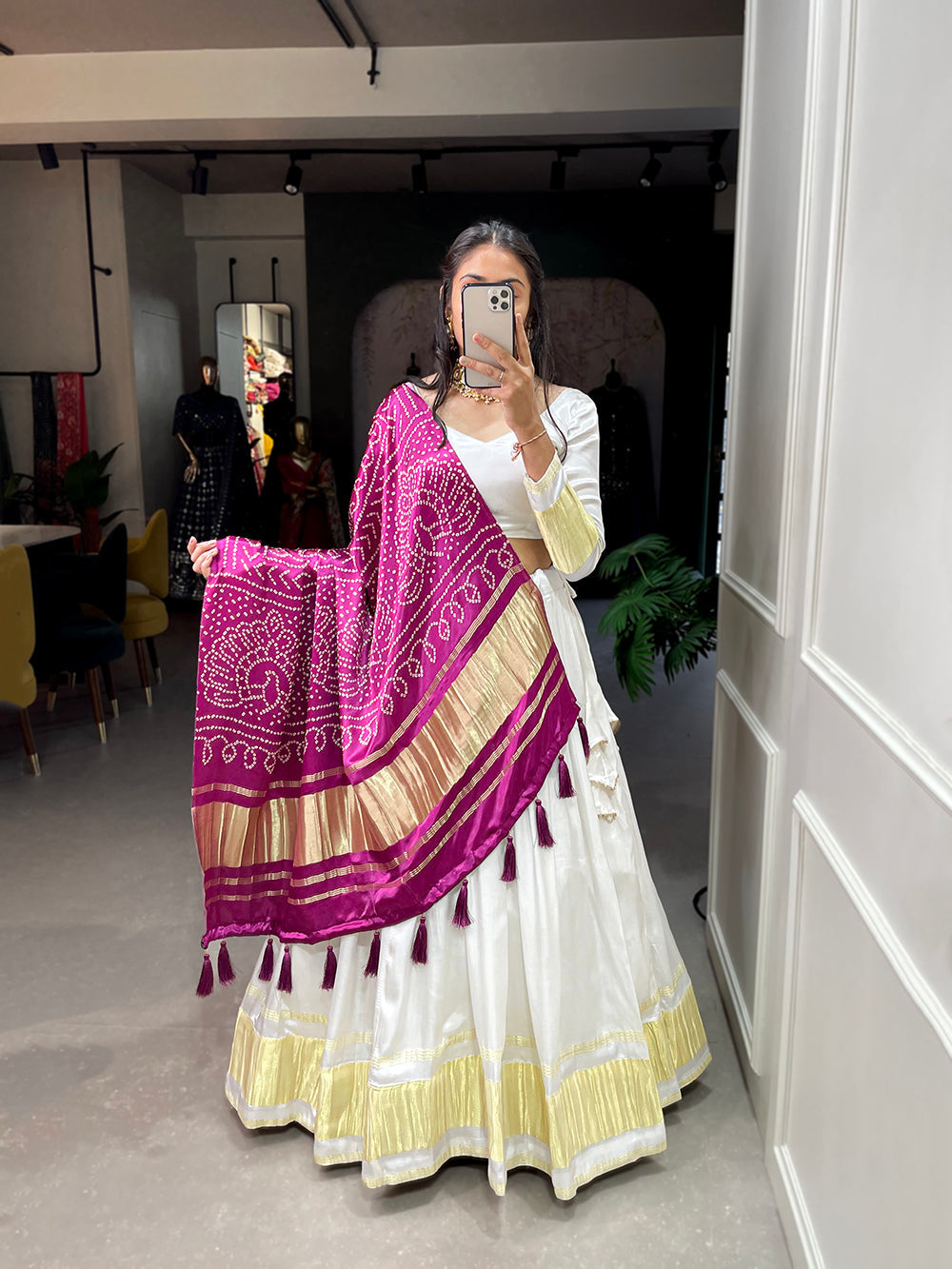 White Color Dyeing With Lagdi Patta Gaji Silk Lehenga Choli