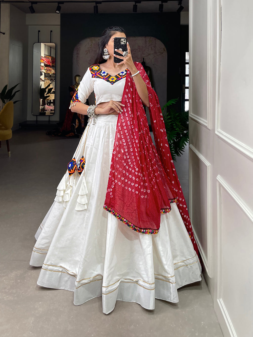 White Color Plain With Gotta Patti Lace Border Cotton Lehenga Choli