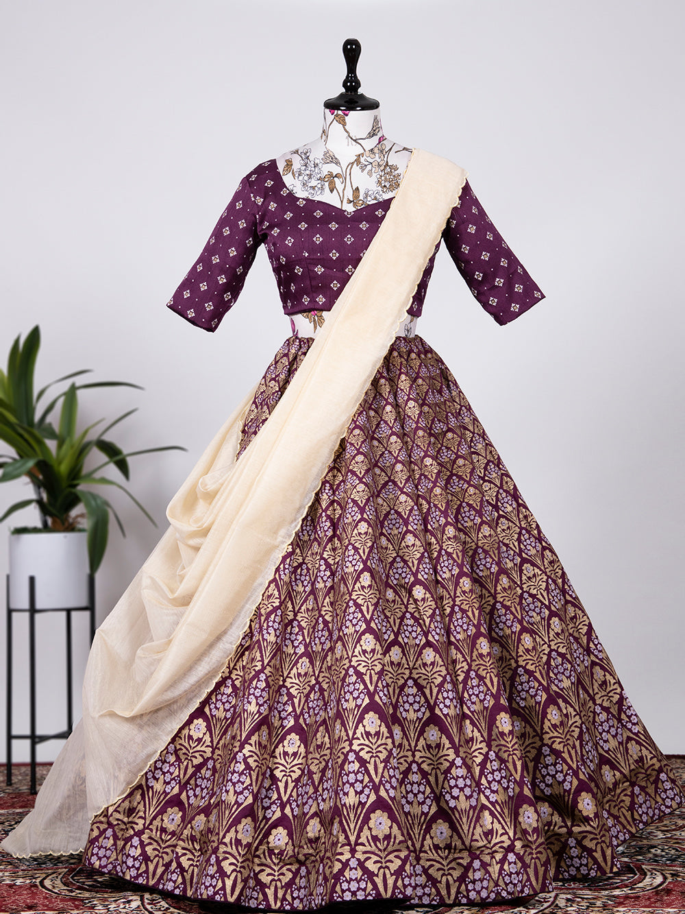 Wine Color Aada Slub Silk Foil Printed Lehenga Choli With Chanderi Dupatta