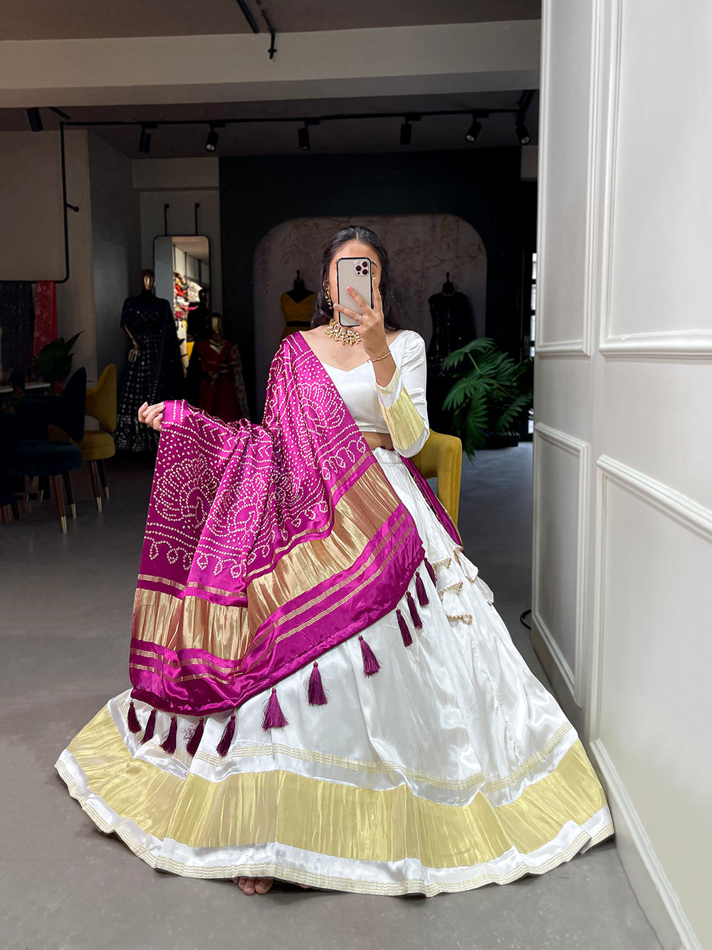 White Color Dyeing With Lagdi Patta Gaji Silk Lehenga Choli