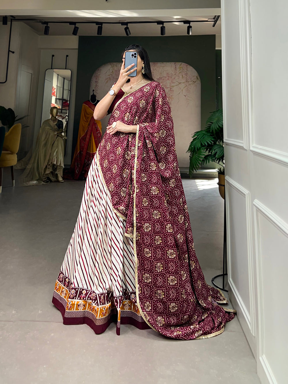 Wine Color Laheriya With Patola Print Cotton Lehenga Choli