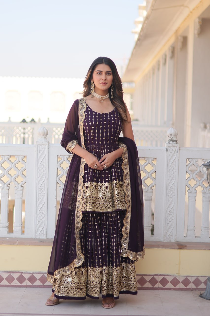 Wine Premium Designer Kurti-Gharara-Dupatta Set for Dazzling Occasions