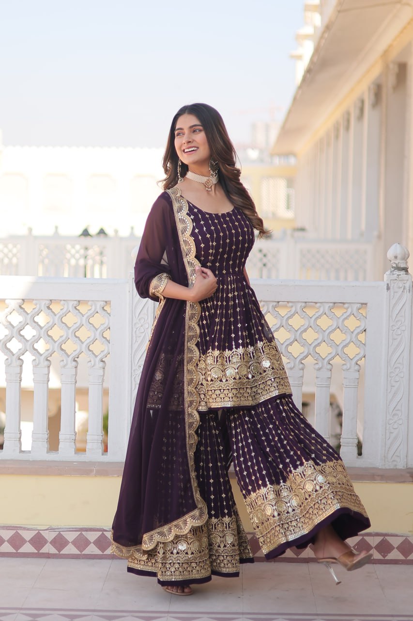 Wine Premium Designer Kurti-Gharara-Dupatta Set for Dazzling Occasions