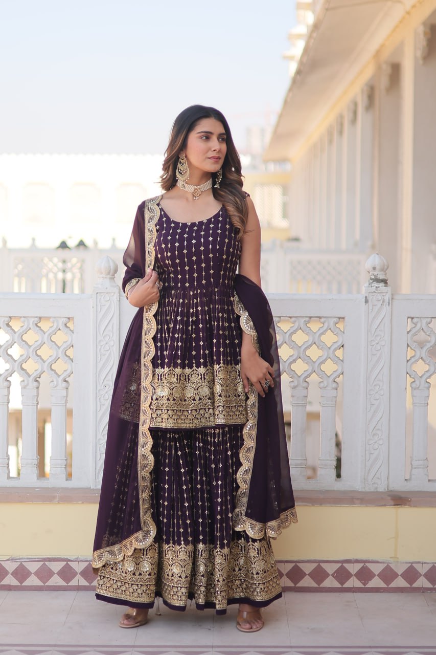 Wine Premium Designer Kurti-Gharara-Dupatta Set for Dazzling Occasions