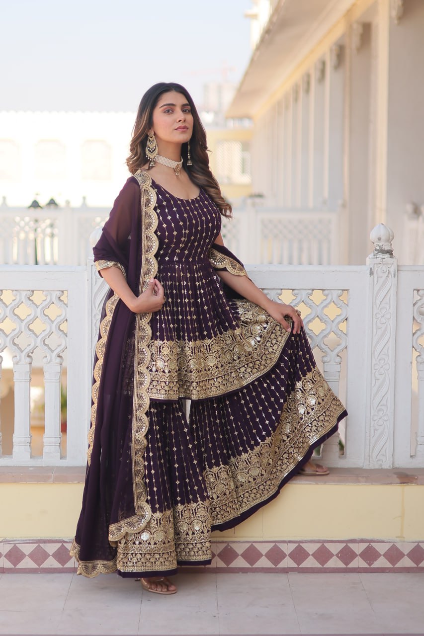 Wine Premium Designer Kurti-Gharara-Dupatta Set for Dazzling Occasions