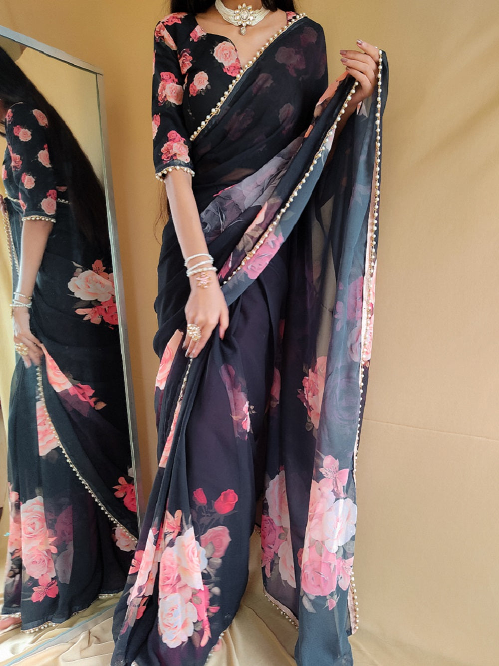 Black Color printed With Peral Lace Border Georgette Saree