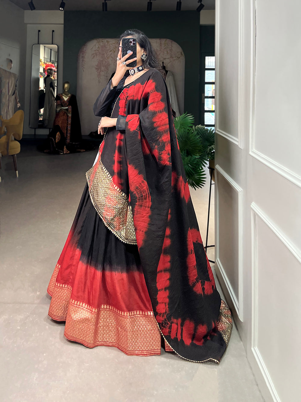 Black Color Shibori Printed With Zari Weaving Work Chanderi Lehenga Choli