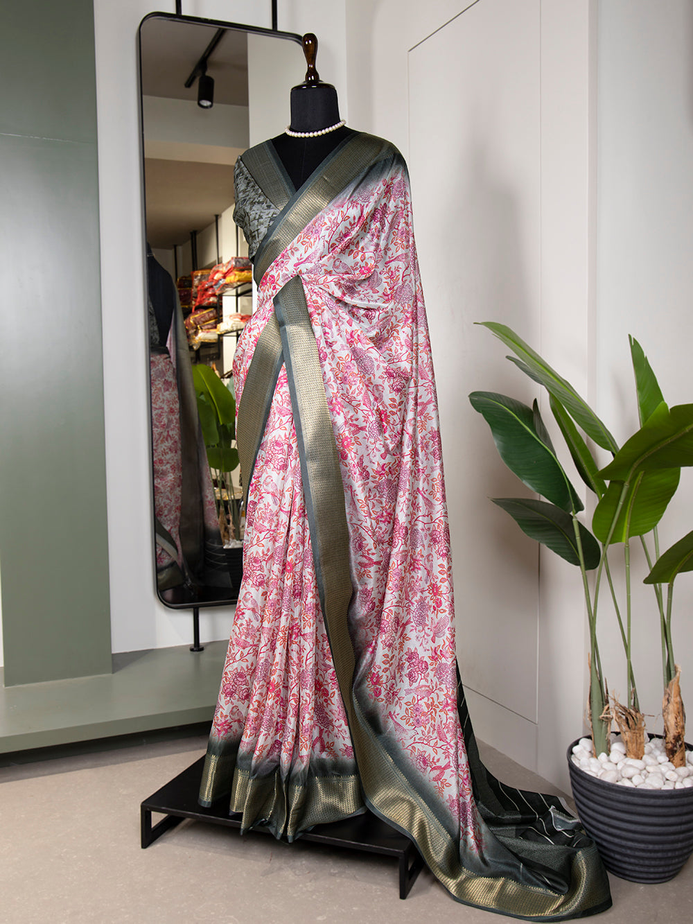 Pink Color Printed With Zari Border Dola Silk Saree