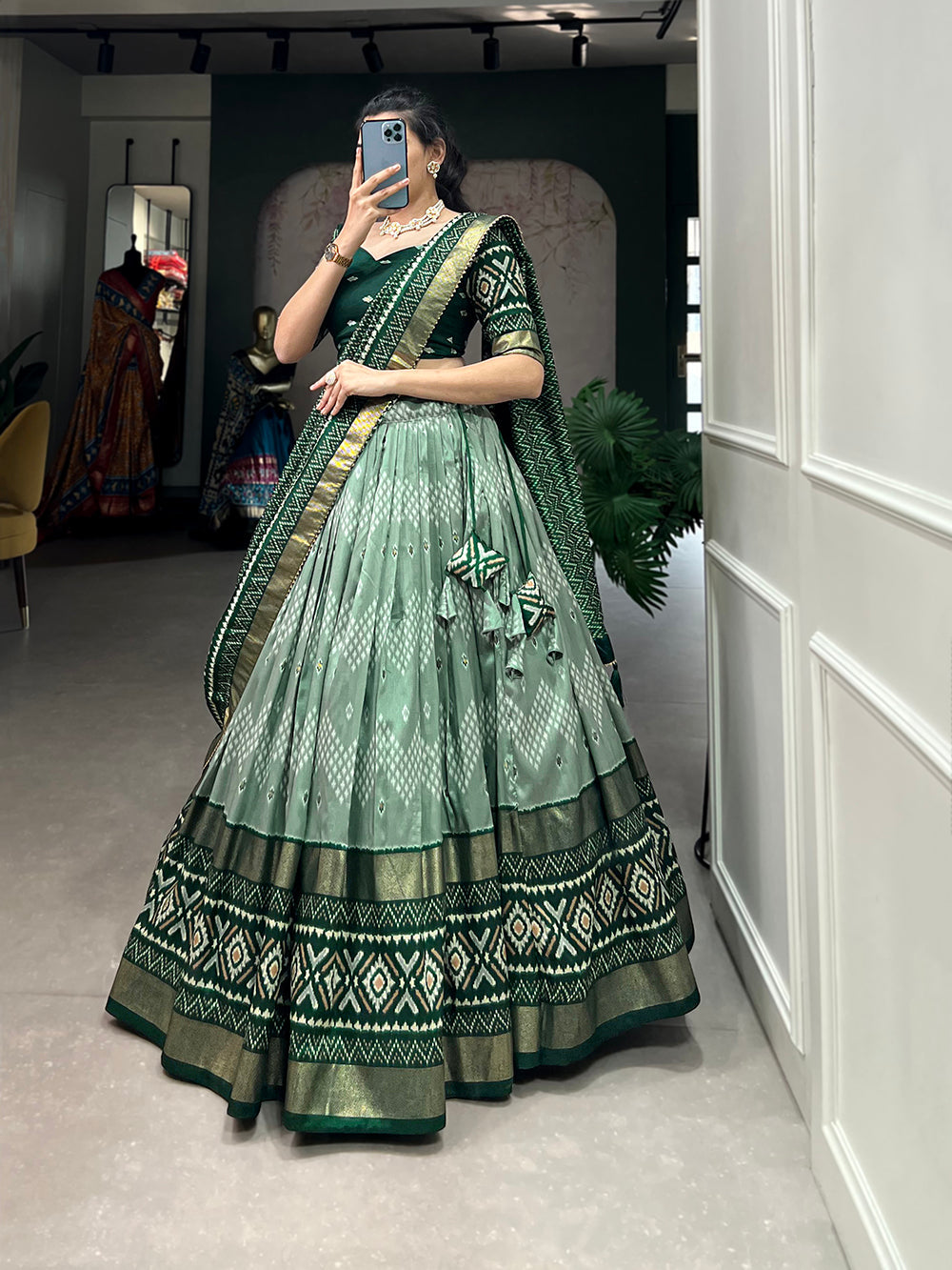 Green Color Dot And Ikkat Print With Foil Work Tussar Silk Lehenga Choli