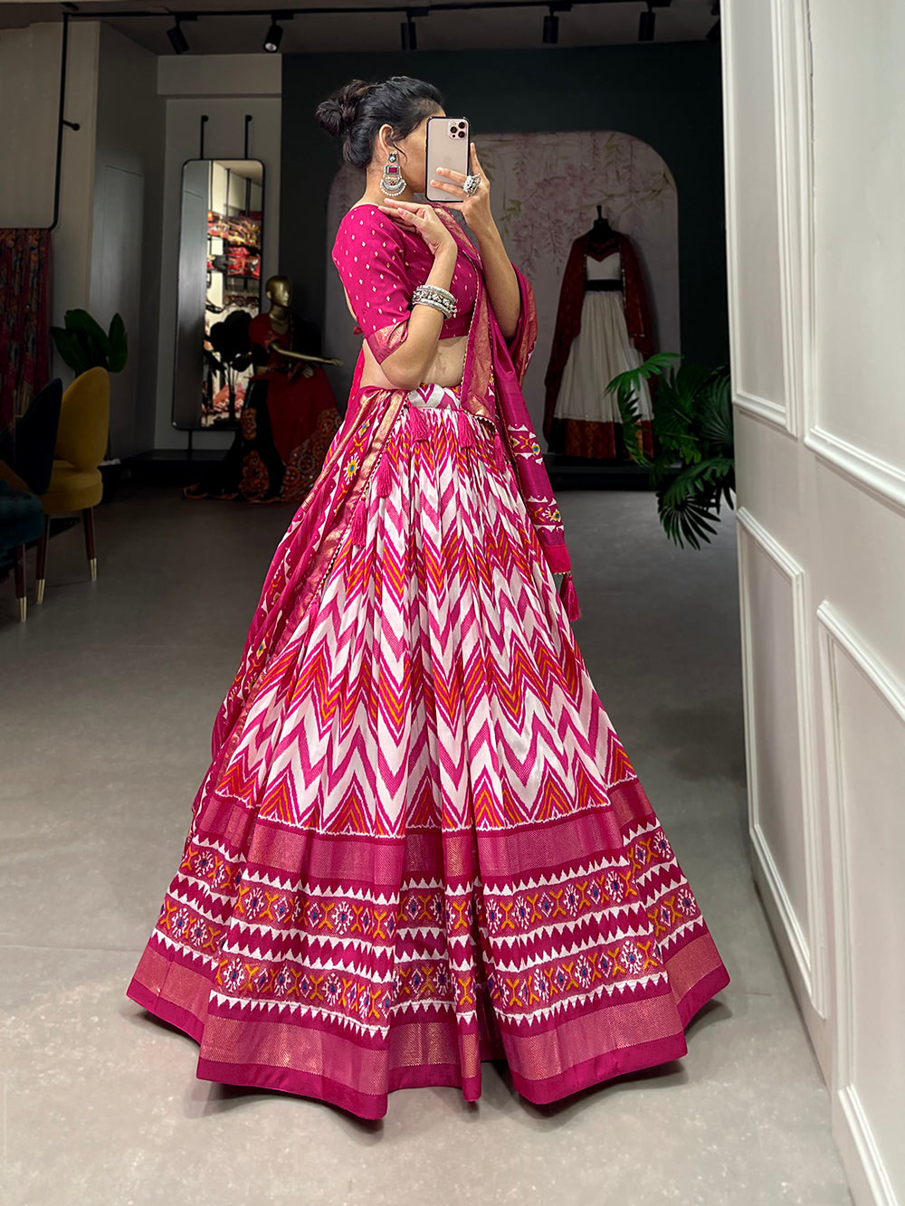 Pink Color Leheriya With Foil Work Tussar Silk Lehenga Choli