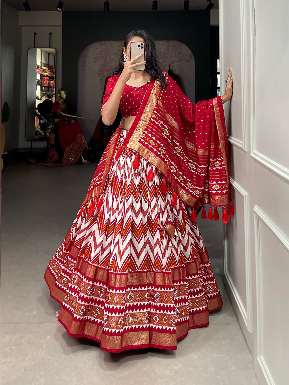 Red Color Leheriya With Foil Work Tussar Silk Lehenga Choli