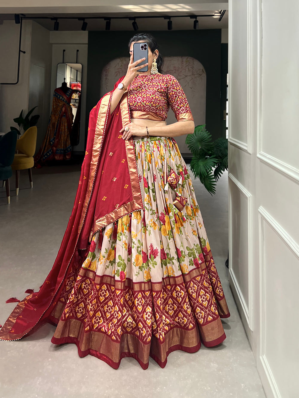 Red Color Floral And Patola Printed With Foil Work Tussar Silk Indian Lehenga Choli