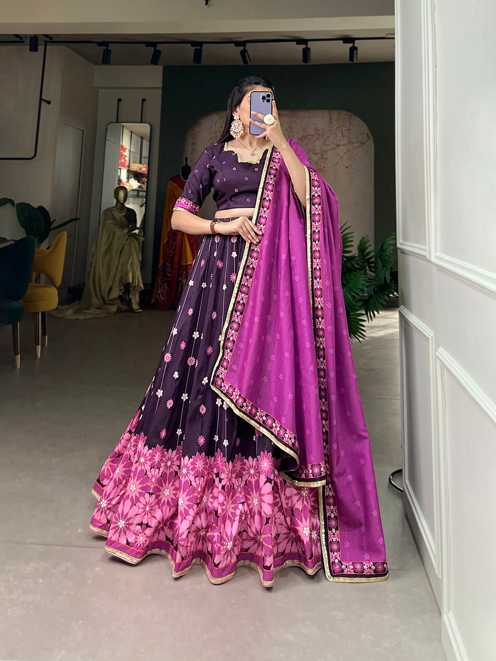 Wine Color Printed With Sequins Lace Border Vaishali silk Lehenga Choli