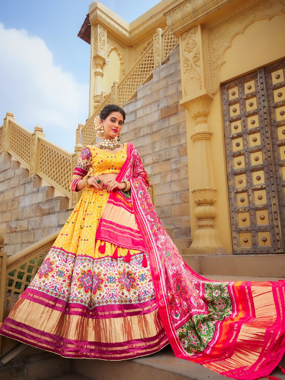 Yellow Color Digital Printed gaji Silk Lehenga