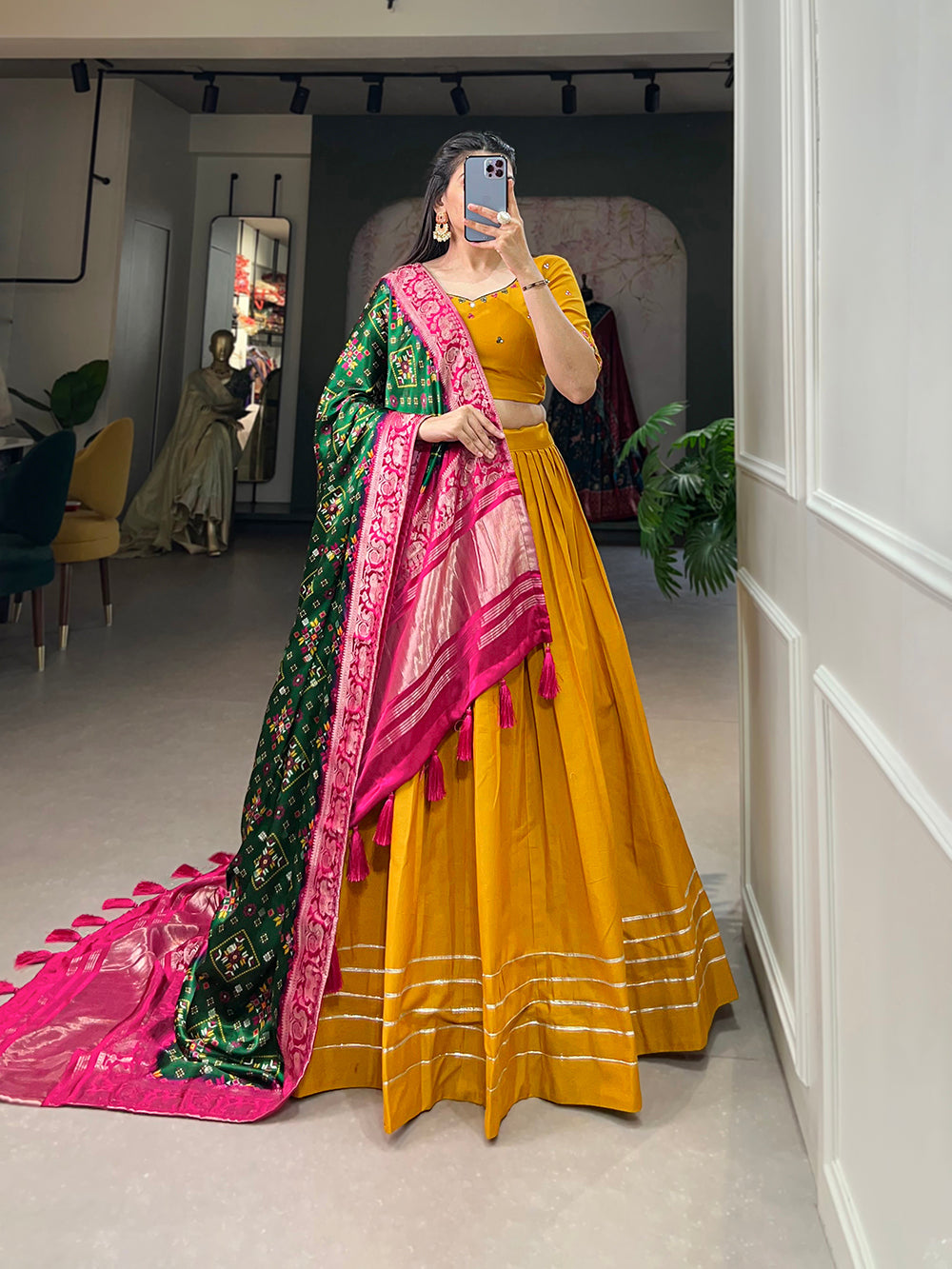 Mustard Color Plain With Gota Patti Touch Up Cotton Haldi Rasam Lehenga Choli