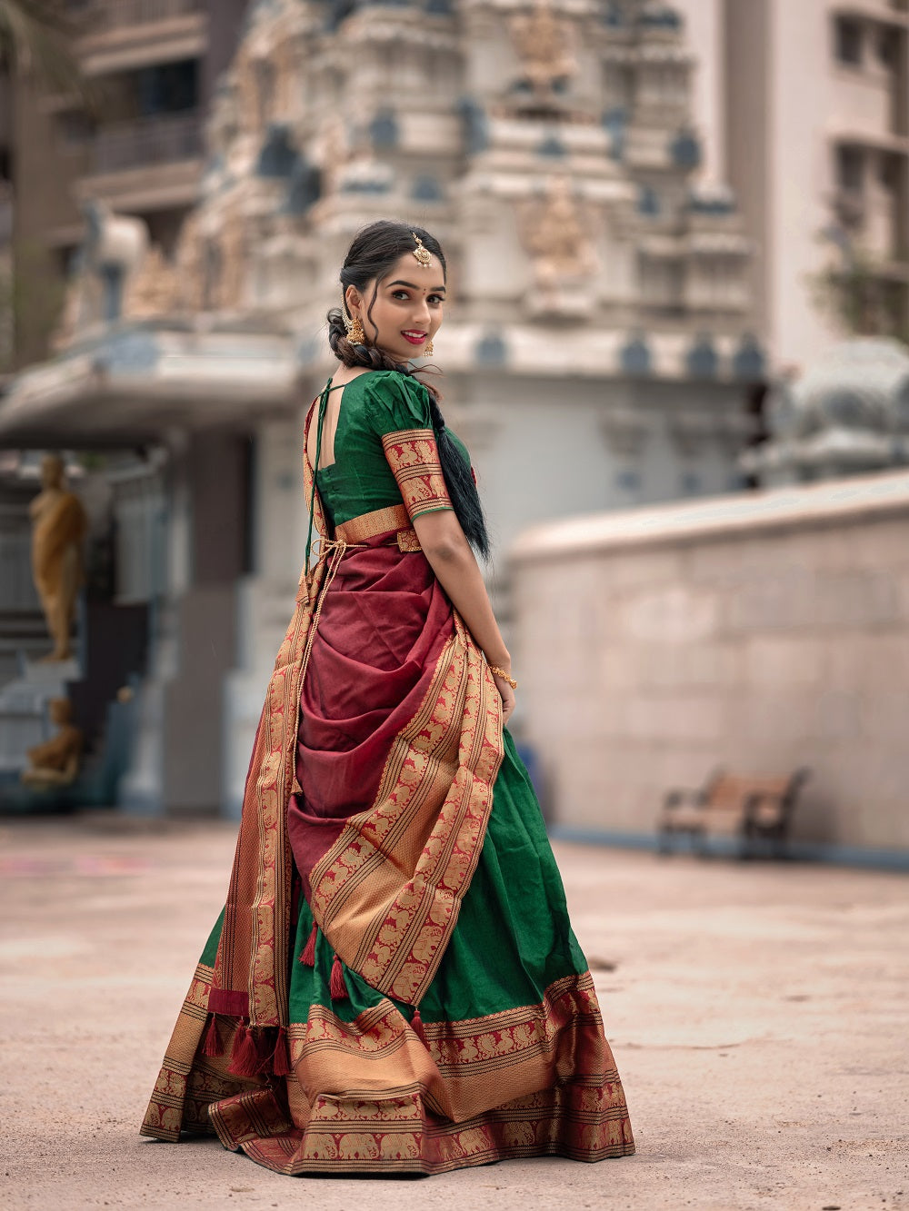 Green Color Zari Weaving Work Narayan Pet Cotton Half Saree Lehenga